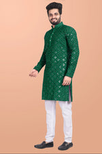 Thumbnail for Neera Trendz Green Cotton Blend Mirror Work Men's Kurta With Pyjama