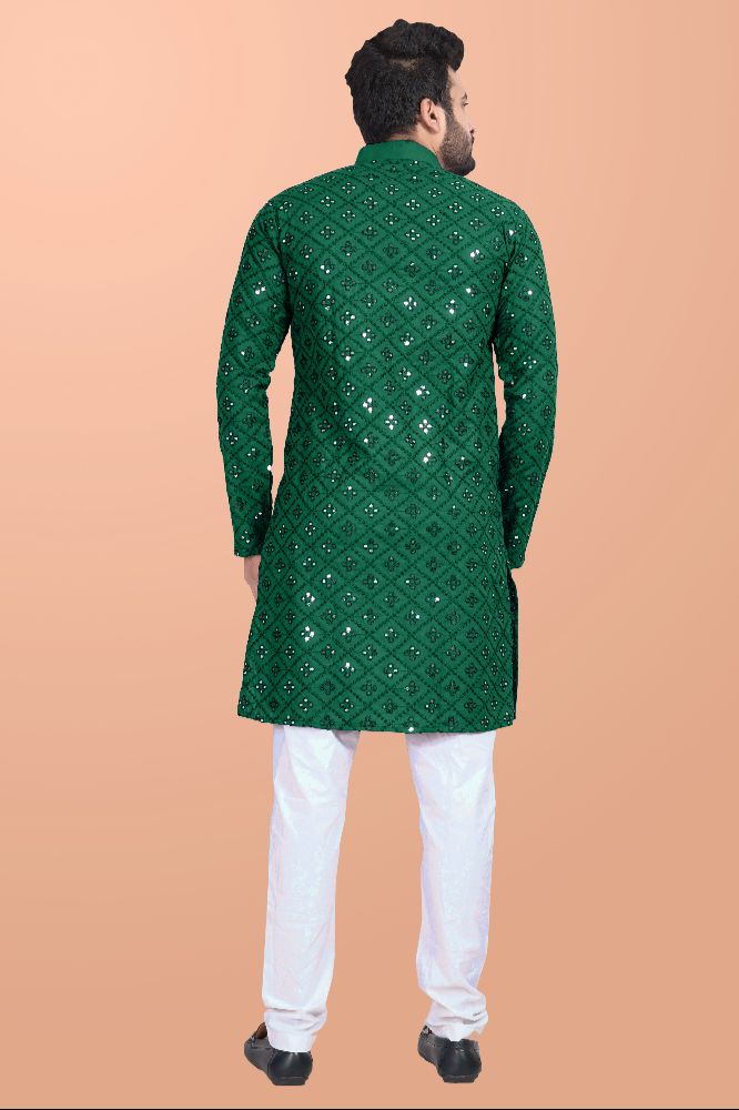 Neera Trendz Green Cotton Blend Mirror Work Men's Kurta With Pyjama