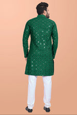 Thumbnail for Neera Trendz Green Cotton Blend Mirror Work Men's Kurta With Pyjama