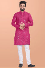 Thumbnail for Neera Trendz Pink Cotton Blend Mirror Work Men's Kurta With Pyjama