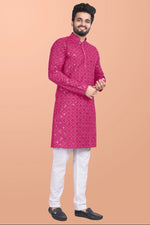 Thumbnail for Neera Trendz Pink Cotton Blend Mirror Work Men's Kurta With Pyjama