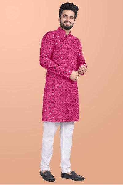 Neera Trendz Pink Cotton Blend Mirror Work Men's Kurta With Pyjama