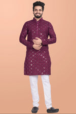 Thumbnail for Neera Trendz Wine Cotton Blend Mirror Work Men's Kurta With Pyjama