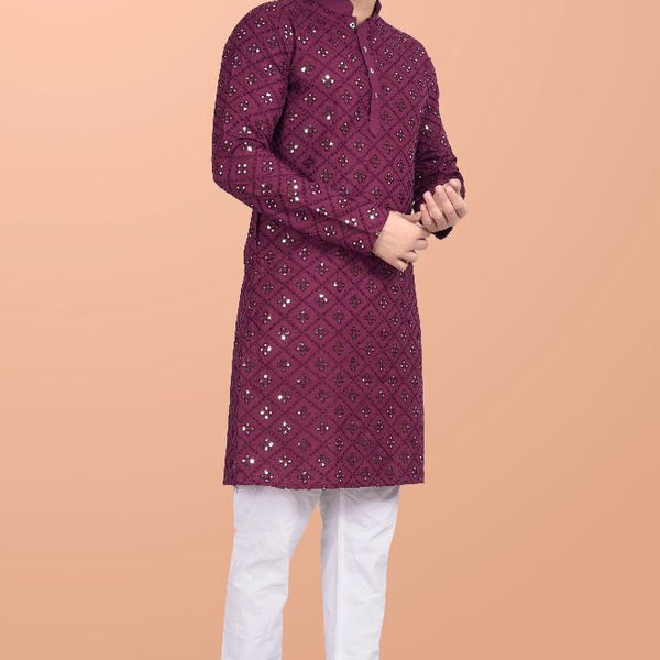 Neera Trendz Wine Cotton Blend Mirror Work Men's Kurta With Pyjama