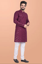 Thumbnail for Neera Trendz Wine Cotton Blend Mirror Work Men's Kurta With Pyjama