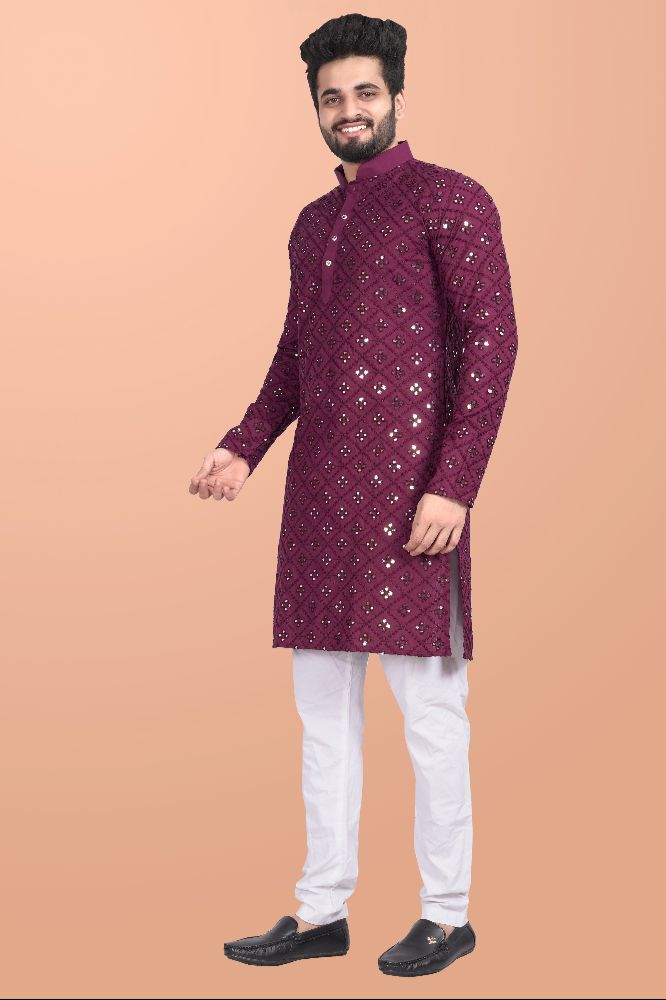 Neera Trendz Wine Cotton Blend Mirror Work Men's Kurta With Pyjama