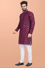 Thumbnail for Neera Trendz Wine Cotton Blend Mirror Work Men's Kurta With Pyjama