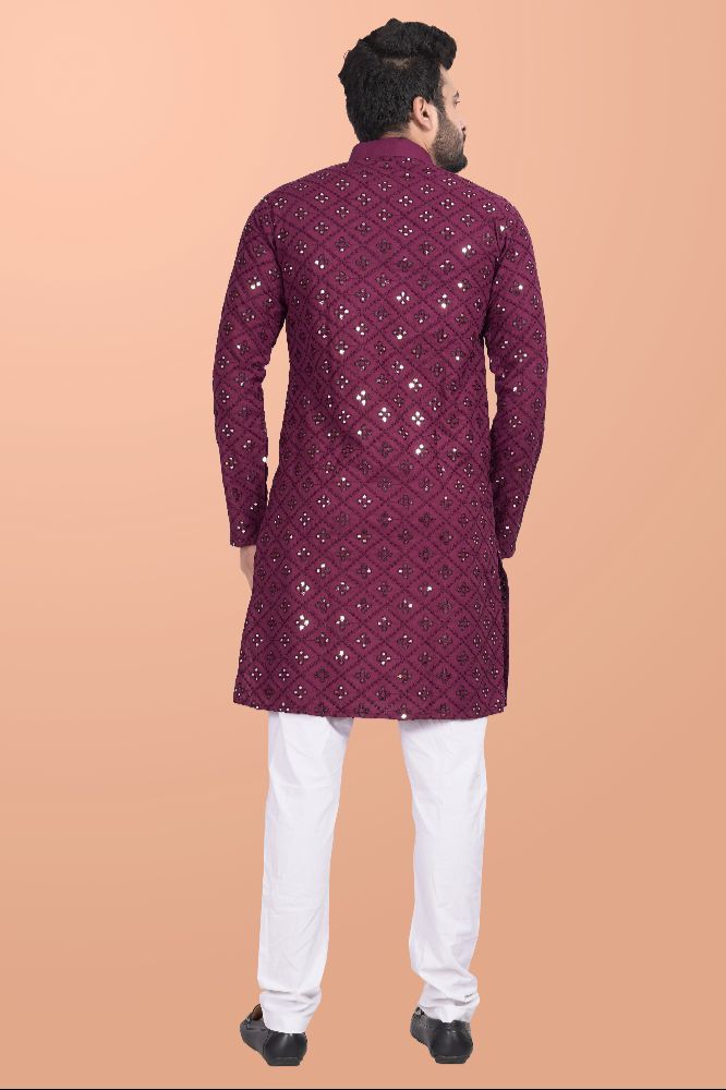 Neera Trendz Wine Cotton Blend Mirror Work Men's Kurta With Pyjama