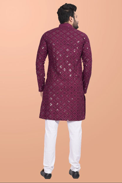 Neera Trendz Wine Cotton Blend Mirror Work Men's Kurta With Pyjama - Distacart