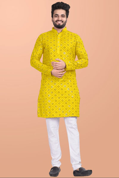 Neera Trendz Yellow Cotton Blend Mirror Work Men's Kurta With Pyjama