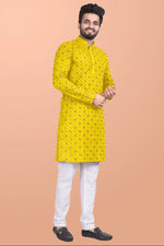 Thumbnail for Neera Trendz Yellow Cotton Blend Mirror Work Men's Kurta With Pyjama