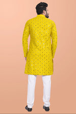 Thumbnail for Neera Trendz Yellow Cotton Blend Mirror Work Men's Kurta With Pyjama