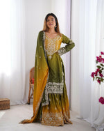 Thumbnail for The52 Women's Beautiful Chinon silk Fabric Embroidery Work Straight Kurta Palazzo and Dupatta Set - Distacart