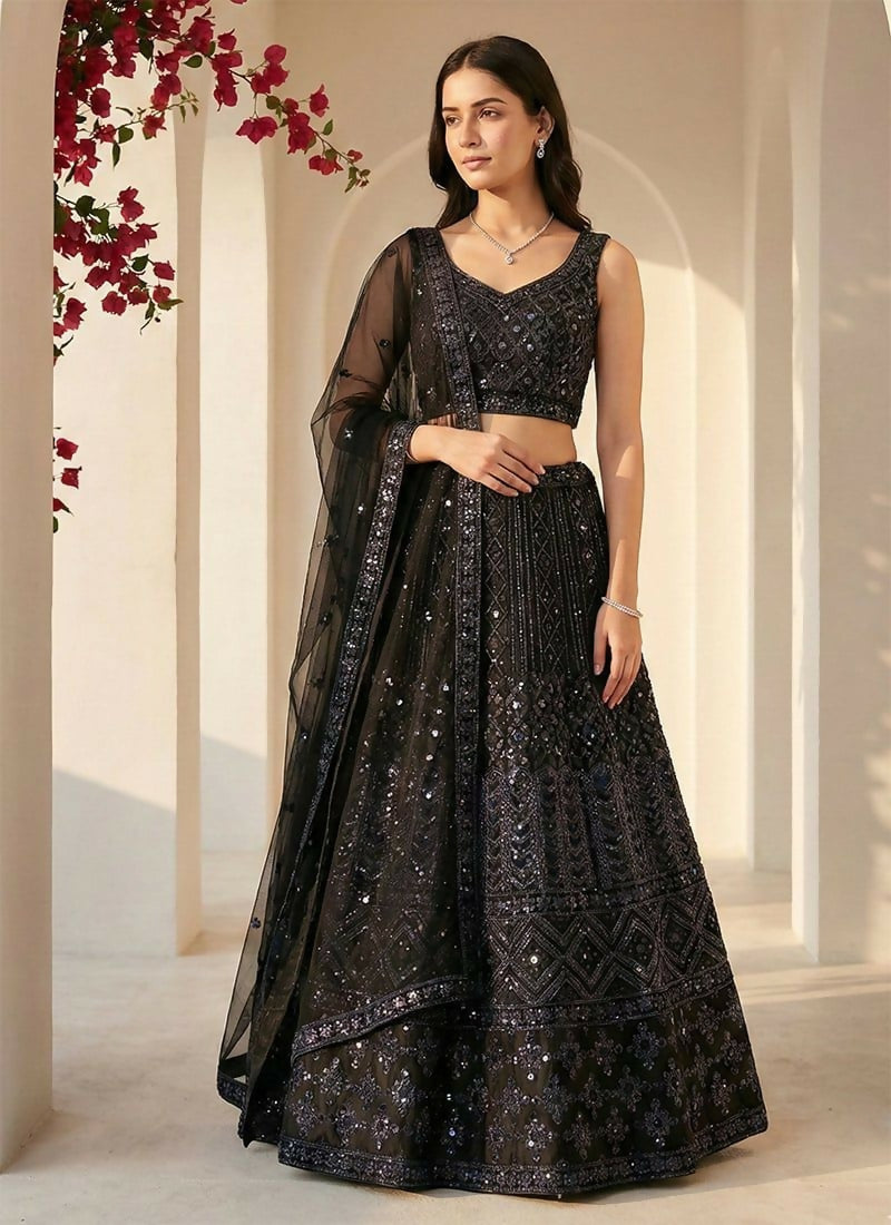 Lehenga Mart Black Net Designer Bollywood Style Wedding Wear Lehenga Choli - Dista