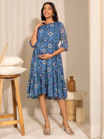 Thumbnail for Janasya Blue Poly Georgette Floral Printed Casual Maternity Dress - Distacart