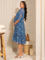 Thumbnail for Janasya Blue Poly Georgette Floral Printed Casual Maternity Dress - Distacart