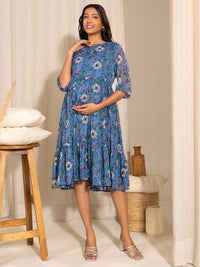 Thumbnail for Janasya Blue Poly Georgette Floral Printed Casual Maternity Dress - Distacart