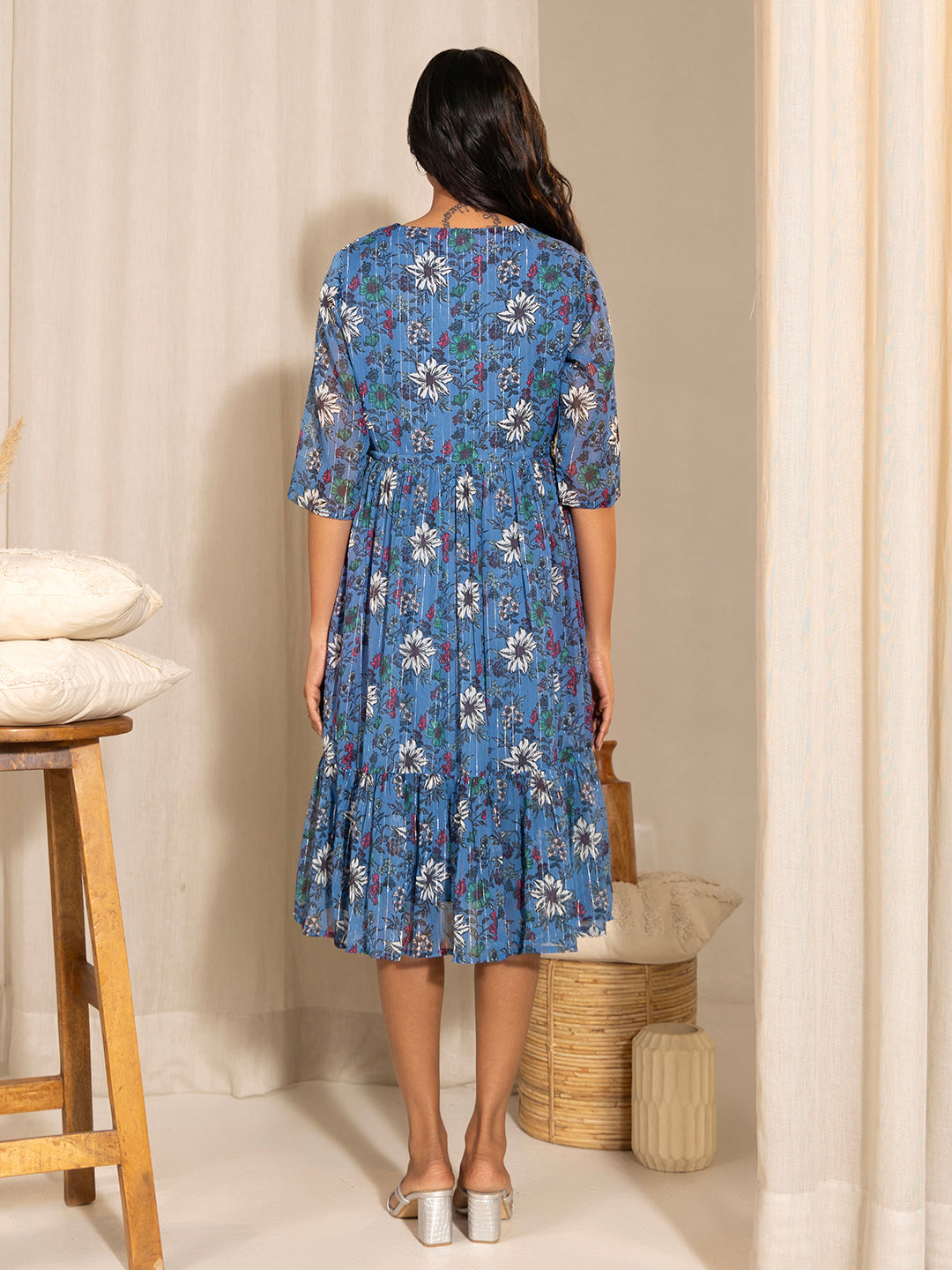 Janasya Blue Poly Georgette Floral Printed Casual Maternity Dress - Distacart