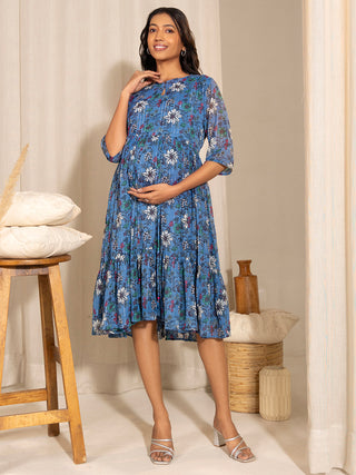 Janasya Blue Poly Georgette Floral Printed Casual Maternity Dress - Distacart