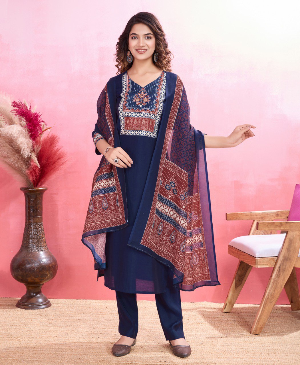Prazu Fashion Blue Viscose Silk Printed Kurta Set