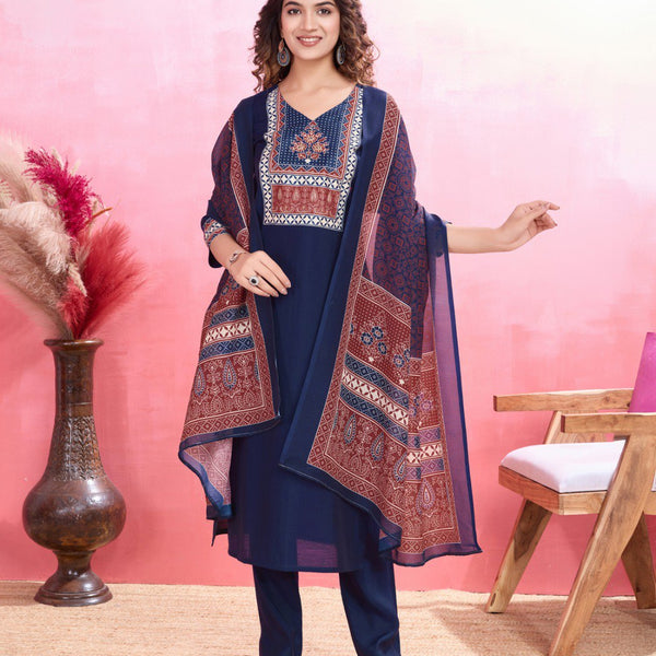Prazu Fashion Blue Viscose Silk Printed Kurta Set