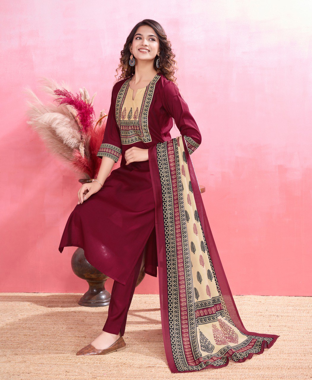 Prazu Fashion Maroon Viscose Silk Printed Kurta Set