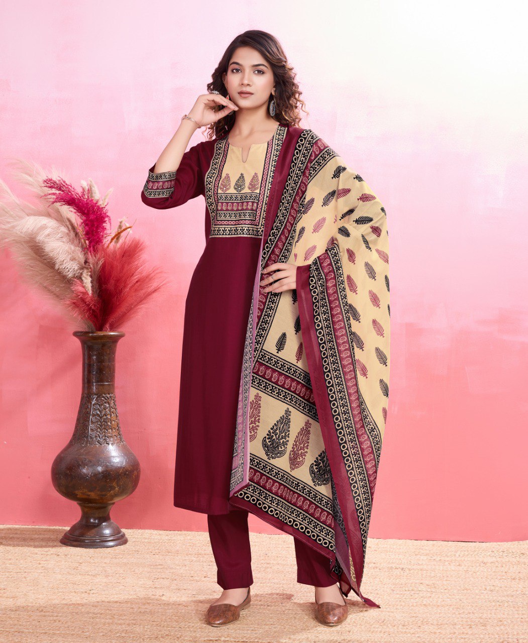 Prazu Fashion Maroon Viscose Silk Printed Kurta Set