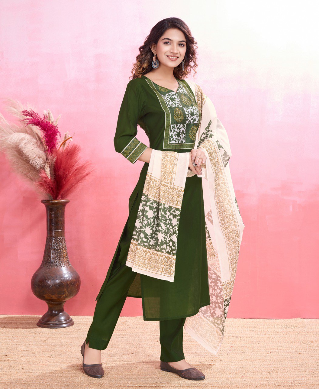 Prazu Fashion Mahendi Viscose Silk Printed Kurta Set