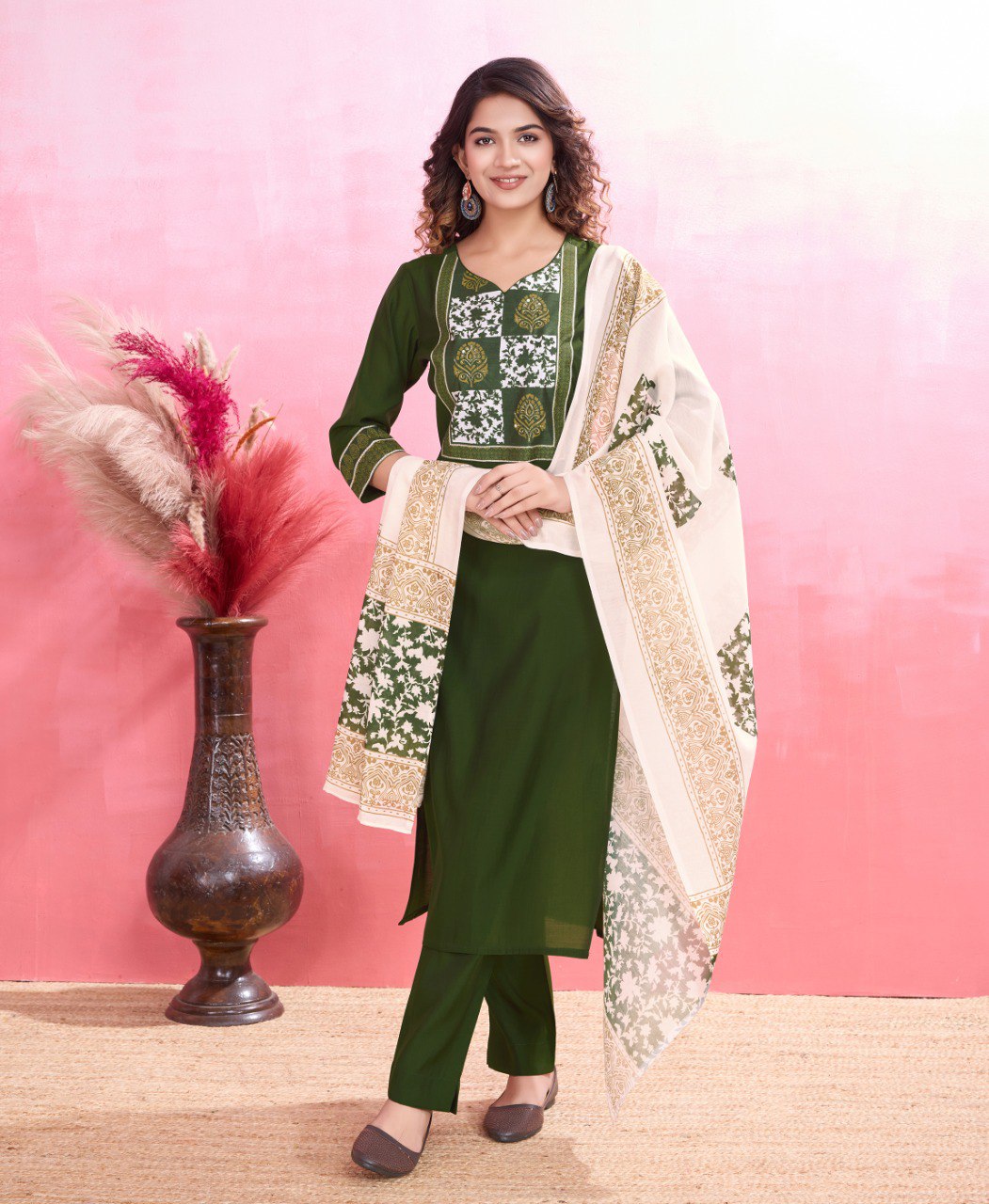 Prazu Fashion Mahendi Viscose Silk Printed Kurta Set