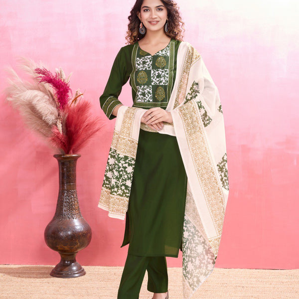Prazu Fashion Mahendi Viscose Silk Printed Kurta Set
