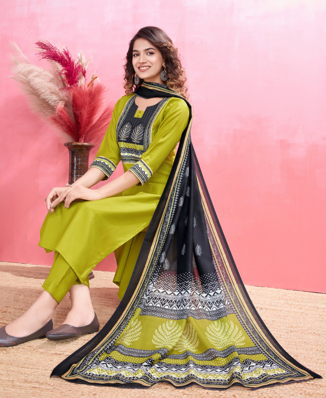 Prazu Fashion Parrot Green Viscose Silk Printed Kurta Set