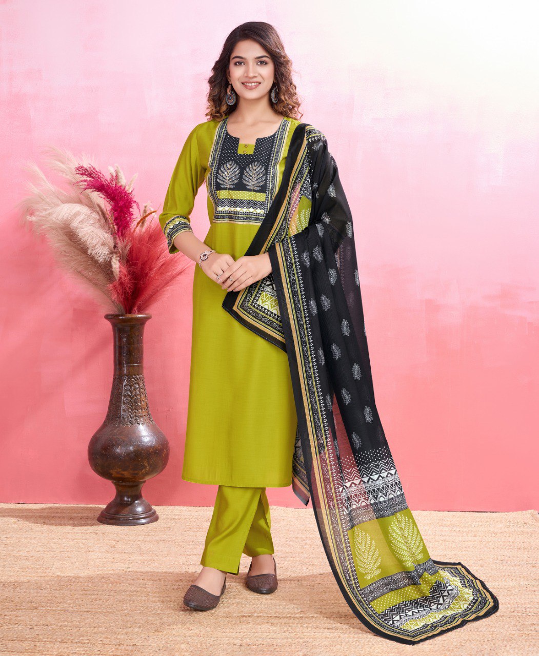 Prazu Fashion Parrot Green Viscose Silk Printed Kurta Set