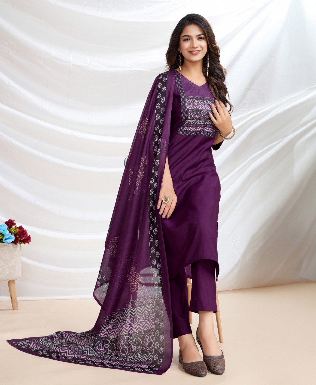 Prazu Fashion Purple Viscose Silk Printed Kurta Set