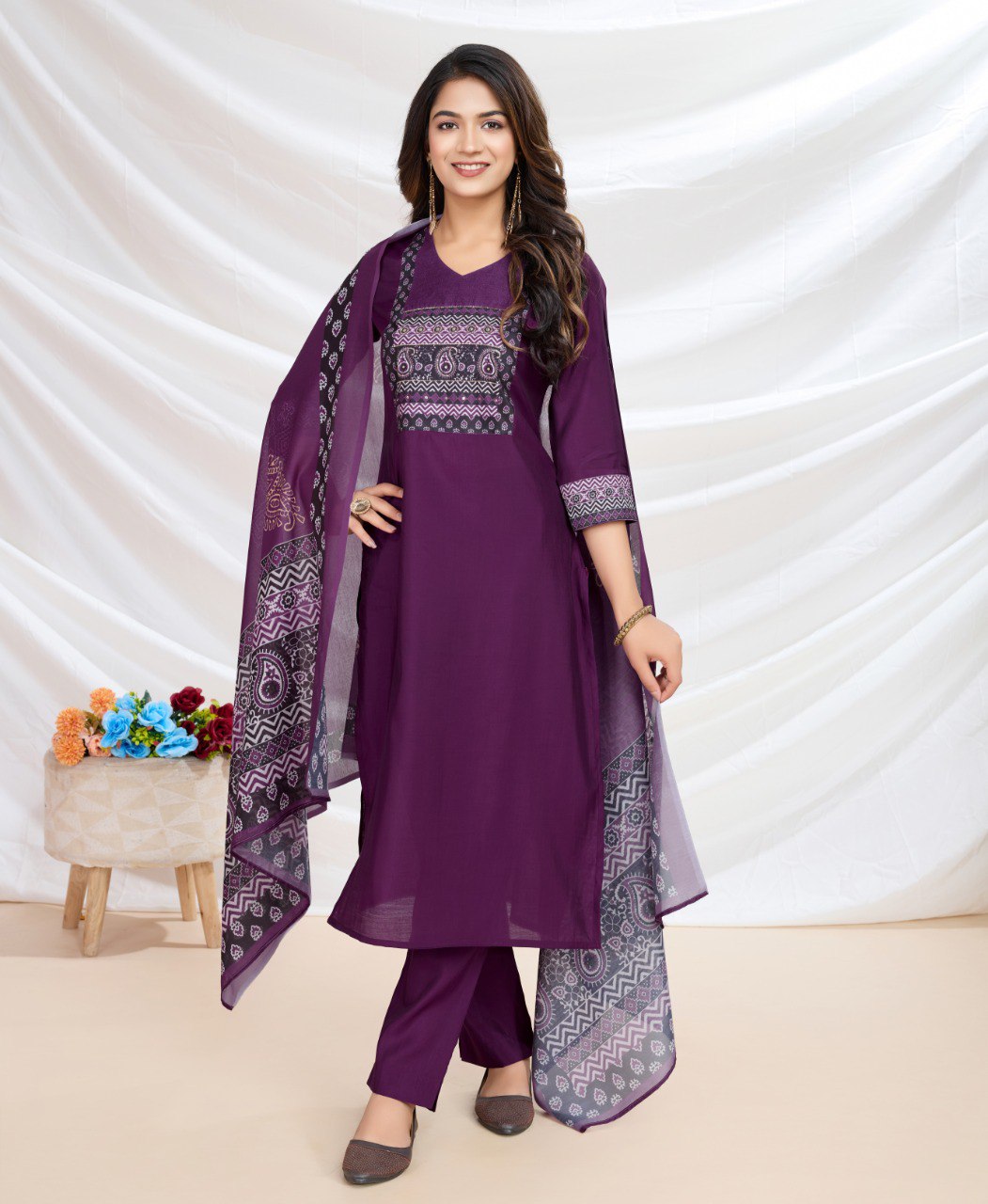 Prazu Fashion Purple Viscose Silk Printed Kurta Set
