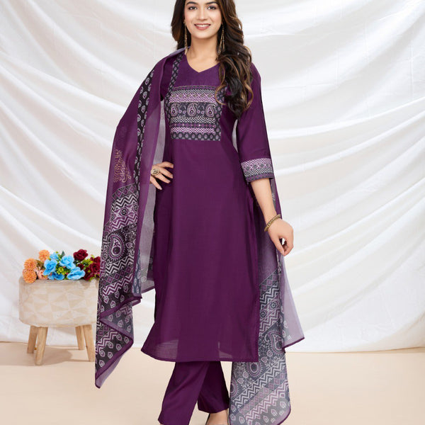 Prazu Fashion Purple Viscose Silk Printed Kurta Set