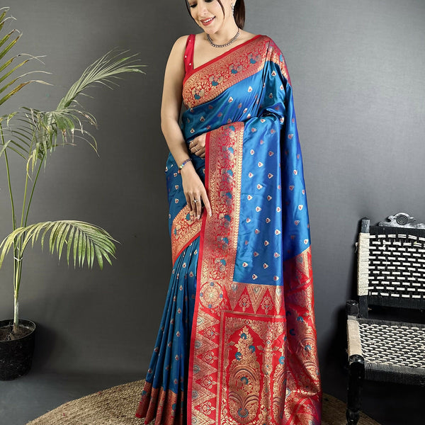 Joban Fashion Blue Intricate Motifs Soft Silk Banarasi Saree - Dista