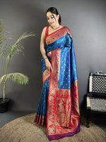 Thumbnail for Joban Fashion Blue Intricate Motifs Soft Silk Banarasi Saree - Dista