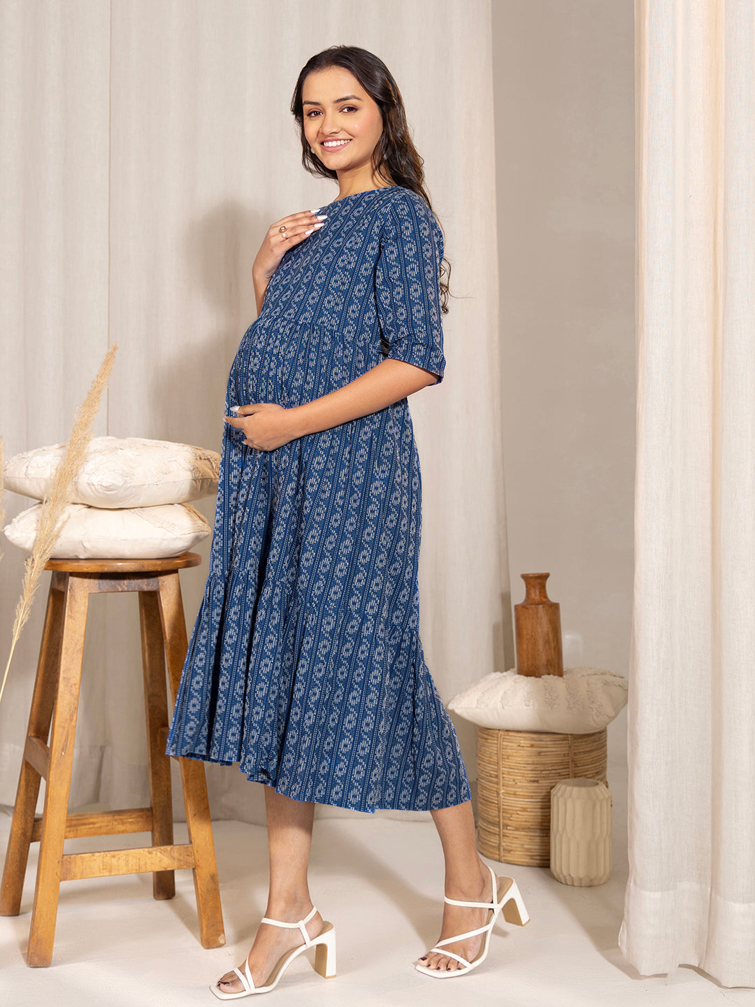 Janasya Blue Cotton Woven Design Casual Maternity Dress - Distacart
