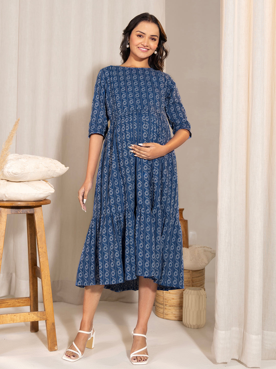 Janasya Blue Cotton Woven Design Casual Maternity Dress - Distacart