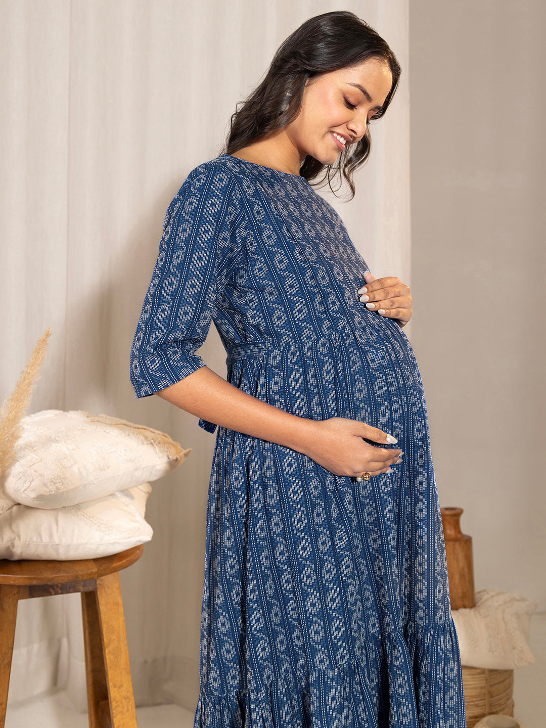 Janasya Blue Cotton Woven Design Casual Maternity Dress - Distacart