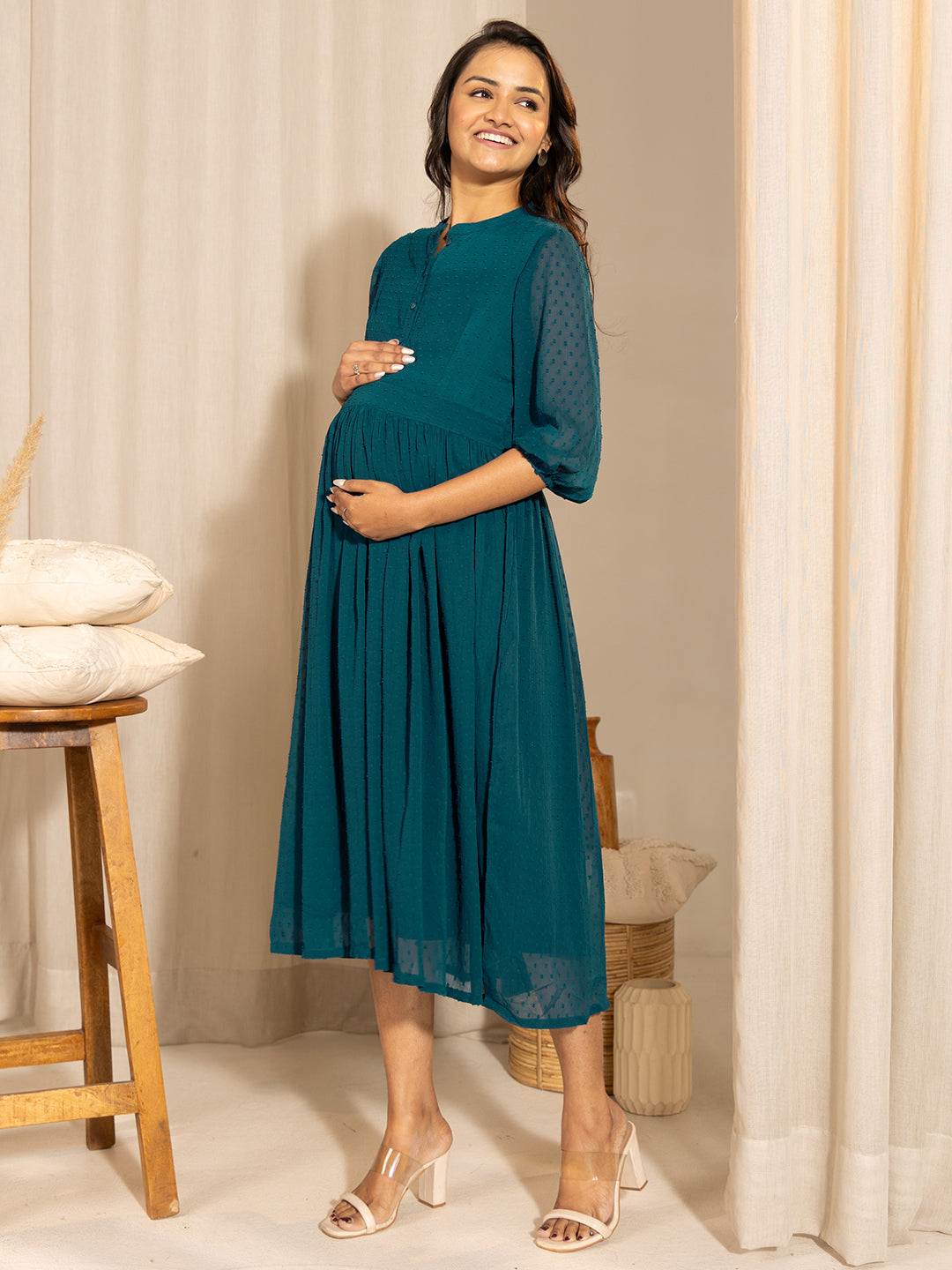 Janasya Teal Dobby Georgette Self Design Casual Maternity Kurta - Distacart