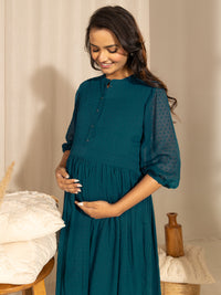 Thumbnail for Janasya Teal Dobby Georgette Self Design Casual Maternity Kurta - Distacart