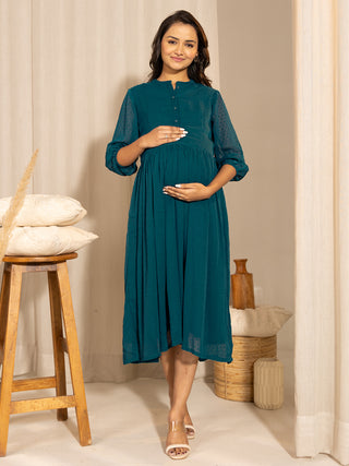 Janasya Teal Dobby Georgette Self Design Casual Maternity Kurta - Distacart