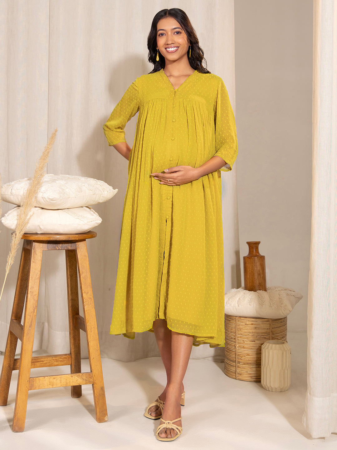 Janasya Yellow Dobby Georgette Self Design Casual Maternity Kurta - Distacart