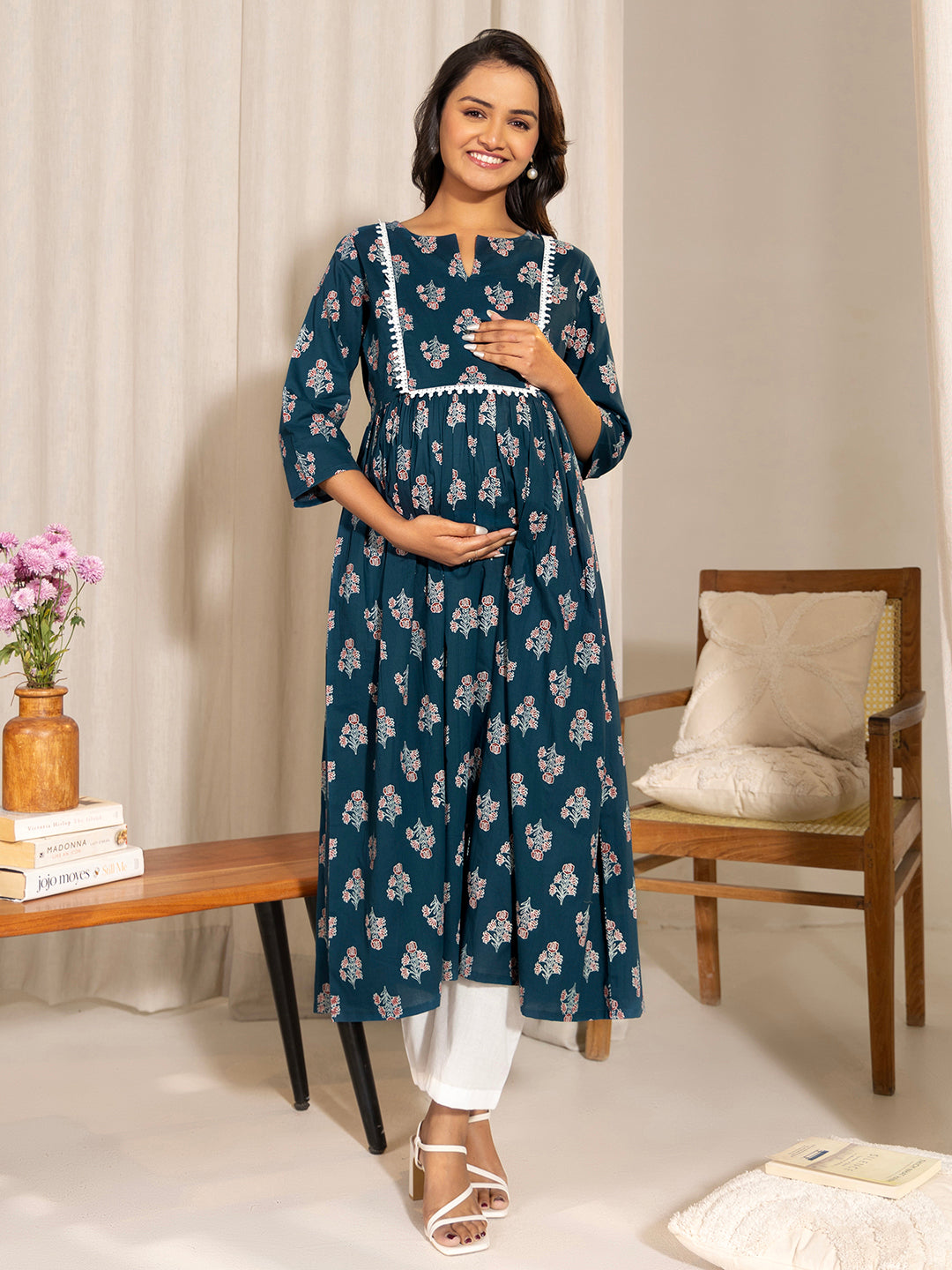 Janasya Teal Cotton Floral Fit & Flare Kurta