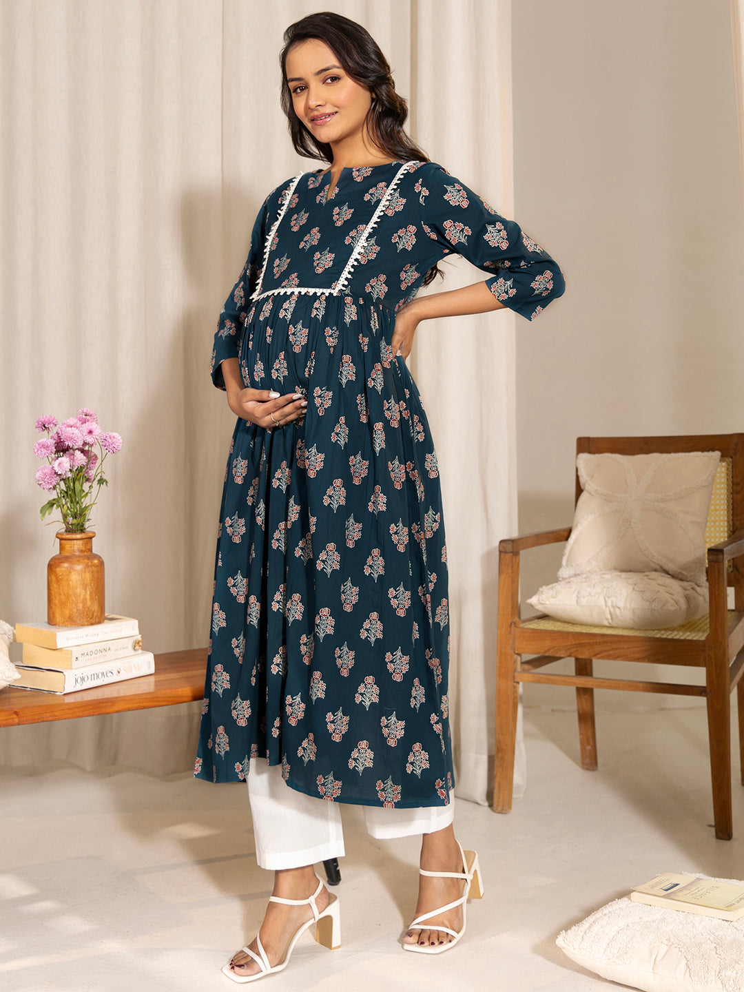Janasya Teal Cotton Floral Fit & Flare Kurta