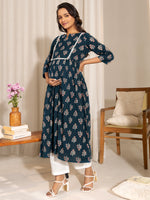 Thumbnail for Janasya Teal Cotton Floral Fit & Flare Kurta