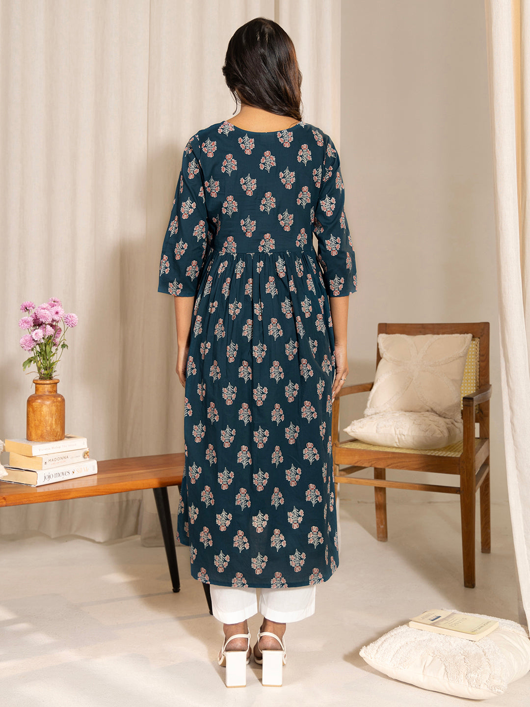 Janasya Teal Cotton Floral Fit & Flare Kurta