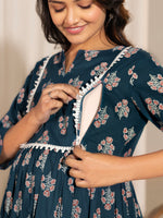 Thumbnail for Janasya Teal Cotton Floral Fit & Flare Kurta