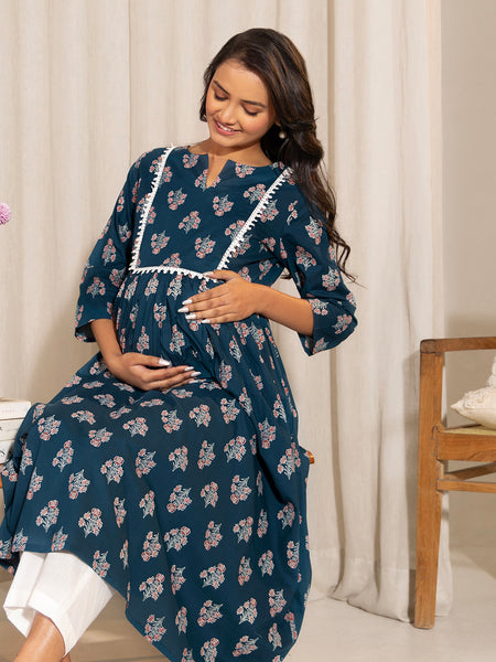 Janasya Teal Cotton Floral Fit & Flare Kurta